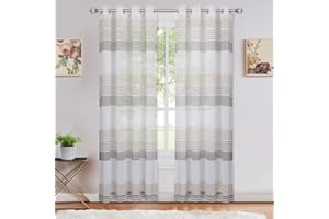 LinTimes Sheer Vorhang Gardinenschal Streifen Voile Vorhänge mit Ösen halb Transparent Fenster Gardine für Wohnzimmer Schlafzimmer.2er Set,132 * 160cm,Braun