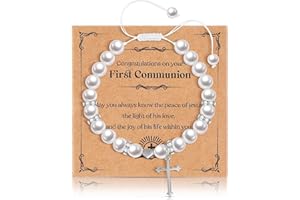 Sinmoe Regalo Cristiano de Primera Comunión de Niña Pulsera de Perlas de Cruz de Cristal de Dije de Corazón de Bautismo Ajustable Blanco Tarjeta de Mensaje Bolsa de Terciopelo Joyería Confirmación Fe