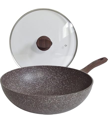 Pintinox Natura-serie steelpan van laag aluminium, antiaanbaklaag met steeneffect, met glazen deksel, handvat met houteffect, geschikt voor inductie, diameter 26 cm