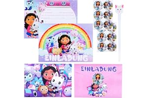 Wirhaut 12 Stück Einladungskarten Kindergeburtstag Mädchen Junge, Geburtstag Party Einladungskarten+12 Umschläge+12 Aufkleber+1 Stift, Gabby Kindergeburtstag Einladungen für Geburtstagsfeiern Party
