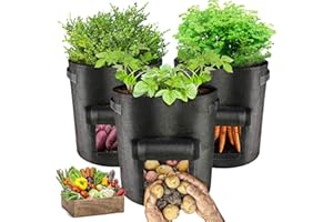 HONGTELLOR Potato Grow Bags-3 Pack Plant Growing Bags/ 7 Gallon Vegetable Grow Bags Planter Container with Hook & Loop Window and Strap Handles - Non-woven Garden Plant Bags for Vegetables (Black)