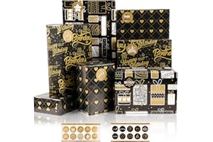 MAMUNU Lot de 6 feuilles de papier cadeau d'anniversaire - Pour homme, femme, enfant - Noir et doré - Pour anniversaire, remise de diplôme - 70 x 50 cm