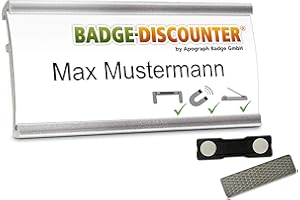 BADGE-DISCOUNTER BY APOGRAPH BADGE GMBH 5 Aluminium Namensschilder magnetisch für Kleidung zum Anstecken Komplettset NMSG Silber Alu Namensschild beschriften 2er Magnet Clip Nadel Papier Drucketiketten A4 Magnetnamensschild bedrucken 72x32