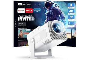 WOLFANG Mini Projektor Full HD 1080P, Smart Projektor med Inbyggda Appar, WiFi & Bluetooth, Keystone-Korrigering, 180° Rotationsstativ, Bärbar Hemmakino för Inomhus & Utomhus