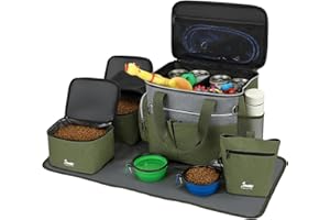 TAIHOYIN Hunde Reisetasche Flugzeug Haustier Reiseset für Hundezubehör mit 2 Futtertasche + 2 Zusammenklappbare Schüsseln + Fütterungsmatte + Hundeleckerli Tasche, Hundetragetasche für Unterwegs, Grün