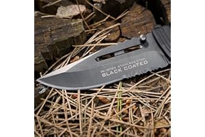 TS TACTICAL STORE TS Knife | K25 BLACK COATED Cuchillo plegable Navaja de bolsillo para hombres y mujeres | Hoja Negra de Acero inoxidable de 9 cm | Cuchillo de Supervivencia, Senderismo, Camping 19763