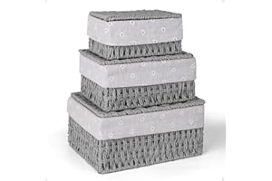 HUALIANG Kosz do przechowywania 3 sztuki, koszyków do przechowywania z pokrywką, pleciony kosz z liny papierowej, koszyki w stylu boho z podszewką, wielofunkcyjne pudełko do przechowywania (Szary)