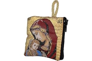 NKlaus Rosenkranz Tasche 6,6x7,2cm – Maria im roten Gewand, goldbestickt, mit Reißverschluss – religiöses Etui für Gebet & Pilgerreise