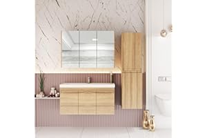 KAREN banyo Badmöbel Set 3 teilig City 100 cm | Waschbecken | Spiegelschrank | Unterschrank | Sonoma Eiche | Softclose-Türen & unsichtbare Griffe | Natürlicher Stil| Badezimmermöbel Waschtisch Holz