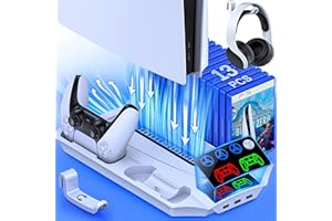 DinoFire PS5 Ständer mit PS5 Lüfter, PS5 Standfuß für PS5 Disc/Digital Edition, 13 Spiele Lagerung/PS5 Controller Ladestation/PS5 Fernbedienung Solt/3 USB Hub, PS5 Zubehör für Playstation 5 Konsole