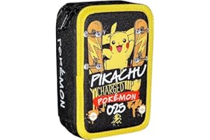 bgn Astuccio Scuola 3 Scomparti Zip Cerniere completo di Colori Giotto, Astuccio Triplo 3 Scomparti Bambino, Nero Giallo, 44 Pezzi Accessori Scuola Materiale Scolastico