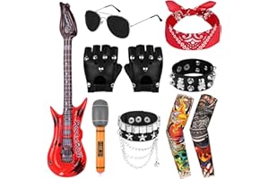 BSBUY Disfraces de Rock Accesorios, Kit de Rockero de Punk Gotico de Años 80 para Niños, con Guitarra y Micrófono Inflable, Gafas de Sol, Bandana, Guantes, Pulsera, Collar, Bufanda de Calavera