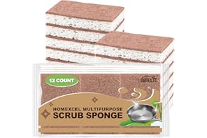 HOMEXCEL Natürliche Scheuerschwämme für die Küche, 12 Stück, kratzfeste Reinigungsschwämme für Geschirr, Zellulose-Schwämme, sicher auf Antihaft-Kochgeschirr, doppelseitiger Geschirrschwamm zum Spülen