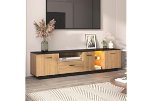 BTM Meuble TV LED, Etagère en Verre, 3 Portes, Compartiments Ouverts e Tiroir, Banc TV pour Salon Chambre, Noir et Bois Naturel, 180x40x45cm