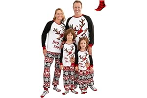 PATPAT Weihnachtspyjama Familie Set - Christmas Pyjama, Matching Pyjamas Couple, Partner Pyjama, Weihnachtsoutfit Familie, Pyjama Set für Vater Mutter Kinder Kids Baby mit Socken