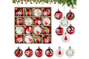 Homewit bombki choinkowe z tworzywa sztucznego, 16 sztuk, zielone, czerwone, białe, do tradycyjnego motywu, bombki choinkowe, dekoracyjne, 6 cm