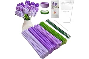 YYUENG TAK 200 piezas Púrpura Tulipán limpiapipas manualidades (4 colores), 12 unidades de alambre verde para manualidades, instrucciones, limpia pipas para manualidades púrpura