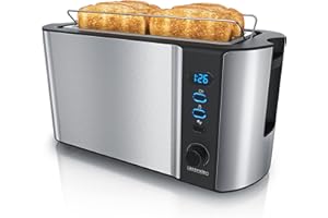 Arendo - Tostapane Moderno a 2 Fessure XXL - Scongela – Doppia Parete termoisolante - con Accessorio scalda Cornetto - 1500W - Vassoio raccogli briciole - Display con Tempo rimanente – Argento
