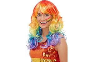 Smiffys Rainbow Glam Wig, Multi-Coloured, Rainbow/Gay Pride Items Fancy Dress, Adult Dress Up Wigs