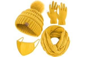 URATOT Winter Warm Knitted Sets Beanie Pompom Hat Scarves Winter Face Cover Touchscreen Gloves Scarf Set for Men Women