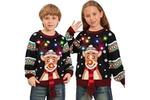 Kouric Christmas Jumper Kids,Boys Girls Light Up Christmas Jumpers,Unisex Funny Novelty Reindeer Led Flashing Ugly Christmas Sweater,Best Festive Tacky Rude Matching Xmas Jumper for Children 4-13years