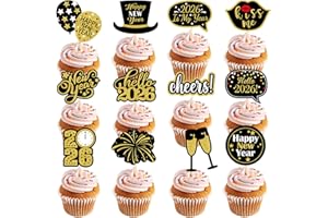 YIAJIA 24Pcs Happy New Year Cake Topper, Cake Topper New Year 2026 Decorations Set, Black Gold Cupcake Toppers for 2026 New Year's Eve Decoration Party Supplies