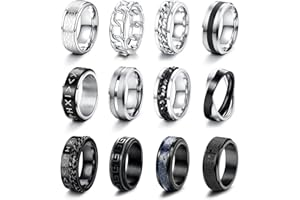 CASSIECA 12 szt. srebrnych czarnych pierścionków dla mężczyzn ze stali nierdzewnej Spinner Fidget pierścionki matowe wykończenie polerowane obrączki łańcuszek celtyckie butelki otwarte pierścionki