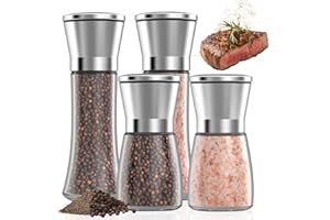 FERRGIA 4 Piezas Molinillo de Especias,Salero y Pimentero Ajustable Spice Mill Set,Acero Inoxidable y Vidrio,Núcleo Abrasivo Cerámico,Ideal para Moler y Rellenar Sal,Pimienta y Chile