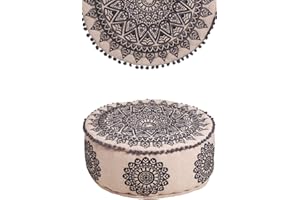 MARRAKESCH ORIENT & MEDITERRAN INTERIOR Puf redondo de algodón Aziza, negro, diámetro de 50 cm, redondo, con relleno, cojín de suelo, cojín oriental, puff de asiento, taburete para pies, bordado como decoración oriental
