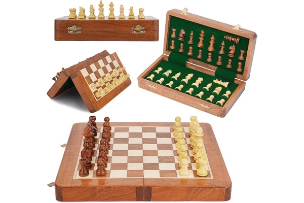 Ajuny Jeu d'échecs de Voyage Magnétique Décoratif - Bois d'acacia Fabriqué à la Main, Jeu de Société Pliable avec âges de Rangement élégants pour Adultes et Enfants 12x12 Pouces