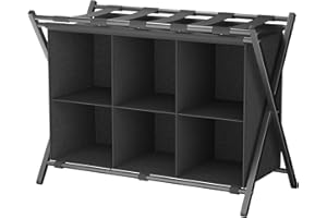 HUHOTE Luggage Rack with Storage, Metal Folding Suitcase Stand with 6 Cube Fabric Storage Shelf, Portable Luggage Racks, 2 Tier Suitcase Luggage Travel Chest Storage Stand for Bedroom Home Hotel, Black