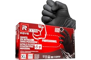 R MOVE Lot de 100 gants en nitrile noirs 6 grammes extra résistants 60% d'épaisseur de plus au doigt que 3,5 g, sans poudre sans latex pour mécaniques, tatoueurs, restauration, gants jetables (XL)