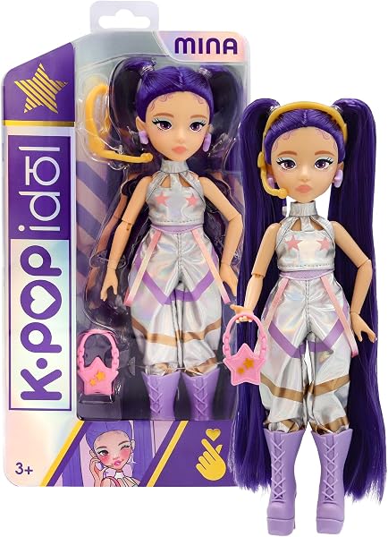 K-POP IDOL Muñeca Mina Fashion Doll Estilo K-Pop Starlight, Cabello Morado con Coletas. 3 Accesorios para Crear Outfits Optimo para Fans a Partir de 3 Años de Edad - 1
