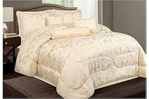 Opulent Living 7-Piece Jacquard Floral Comforter Bedding Set – Includes Bedspread, Valance Sheet, Pillow Shams, Cushion Cover, Decorative Pillow & Neck Pillow (Gold, Double, Petal)