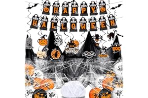 LECONCES Halloween Deko Set - Gruselig Dekostoff Tuch, Happy Halloween Girlande, Spiralen Deckendeko, Luftballons, Spinnennetz, 3D Fledermaus Wanddeko