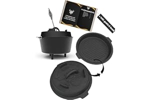 ‎ELITE BBQ ELITE BBQ Dutch Oven 4,5qt mit Füßen Set, Feuertopf Gusseiserner Kanonenofen Raketenofen mit Deckelheber mit Deckel, Gulaschtopf Brottopf Gusseisen Kazan Utschak mit Kasan, Datschtopf, Dutschofentopf