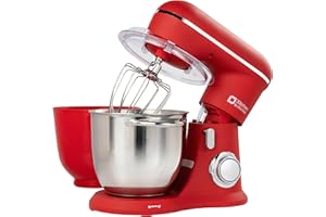 Kitchen in the box Robot Pâtissier, 4.5L+5L 2Bols Robots de Cuisine, 10 Vitesses Batteur Electrique Cuisine, 1300W Pétrin Professionnel avec Fouet, Batteur, Crochet (Rouge)