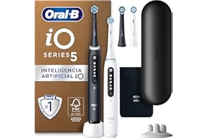 Oral-B iO 5N Pack de 2 Cepillos de Dientes Eléctricos con Mango Recargable, 2 Cabezales y Estuche de Viaje con Cargador, 5 Modos De Cepillado, Diseñado por Braun, Negro y Blanco