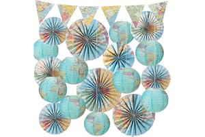 TUJOE 19 Pcs World Map Classroom Decorations Travel Themed Party Decor Globes Hanging Paper Lantern Fans Triangle Flags Banner for Classroom Ceiling Decor Back to School Around The World Travel Themed Party