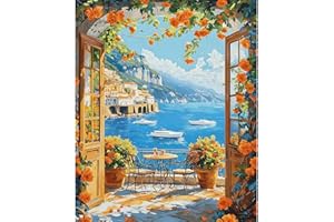 NEWENMO Sea Views Paint by Numbers for Adults,Flowers and Boats Painting by Number Kit,Paint by Numbers Kits 40x50cm,Digital Oil Painting,DIY Acrylic Pigment Drawing Paintwork for Home Decor