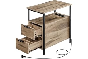 VASAGLE Table d’Appoint avec Multiprise, Petite et Fine avec 2 Tiroirs, Table de Chevet avec Rangement, pour Salon, Chambre, Marron Camel et Noir d'encre LET325K01