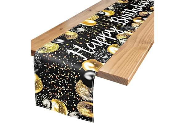 Shirene Nappe Anniversaire,Happy Birthday Or Noir Vintage 183 x 33 cm Couverture de Table pour Fêtes - Décoration de Table pour Anniversaire,Salle à Manger,Intérieur et Extérieur,Doré