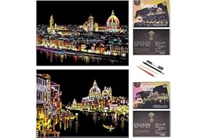 ‎SIYEAR SiYear Scratch Paper Rainbow Painting Sketch, City Series Night Scene,Scratch Painting Creative Gift,Scratchboard for Adult and Kids with 4 Tools