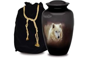 FOREVER URNS - CHERISH THE MEMORIES Forever URNS Beerdigungsurne für Erwachsene, mit weißem Wolf, abgebildetes Thema für menschliche Asche von Frauen und Männern, 200 cu in, groß, mehrfarbig, komplett handgefertigt mit Samtbeutel