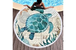 LXTOPN Serviette de Plage Ronde en Microfibre Tortue de mer pour Couverture de Plage, Serviette de Bain, Tapis de Yoga, Couverture de Camping, Couverture de Pique-Nique, 150 cm (Tortue Bleue 2)