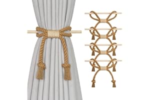 Pretty Jolly 4 Pack Natural Cotton Rope Curtain Tiebacks Boho Rustic Style Decorative Drape Tie Backs Farmhouse Hand-Woven Curtain Holdbacks with Wood Club for Home Office Drapery (Cotton knot-Khaki)