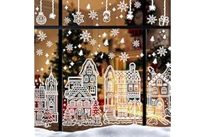 ‎AHFULIFE AhfuLife Extra Groß Fensterbilder Weihnachten für Weihnachten Deko, 4 Blatt 70 x 40CM PVC Wiederverwendbare Fenstersticker Weihnachtendeko mit Weiße Winter Haus für Deko Türen, Fenstern und Schränken