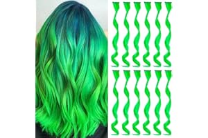 ARFMAGET Extensiones de cabello de colores verdes con clip para niñas de 45 cm Extensiones de cabello onduladas rizadas coloridas para fiestas, accesorios para el cabello para niños y mujeres (12 piezas verde)