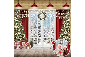 RUYI Winter Christmas Window Backdrop for Photography Snow Xmas Tree Garland Holiday Background Photo Booth Portrait Family Holiday Party Decoration Banner Photo Studio Props Supplies 7x5ft