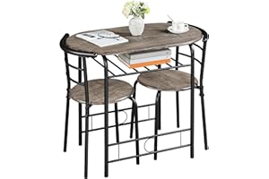 Yaheetech 3 Piece Dining Room Set, Modern Round Dining Table & Chairs Set for 2, Compact Breakfast Bar Table Set with Metal Legs and Shelf, Built-in Wine Rack for Dining Room, Living Room, Drift Brown